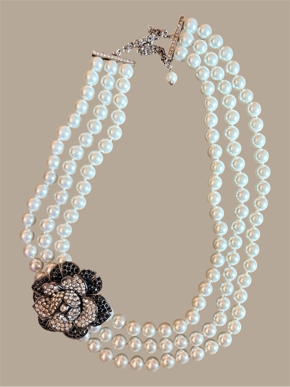 Joan Boyce Three-Strand Pearl Necklace with Crystal Flower Accent